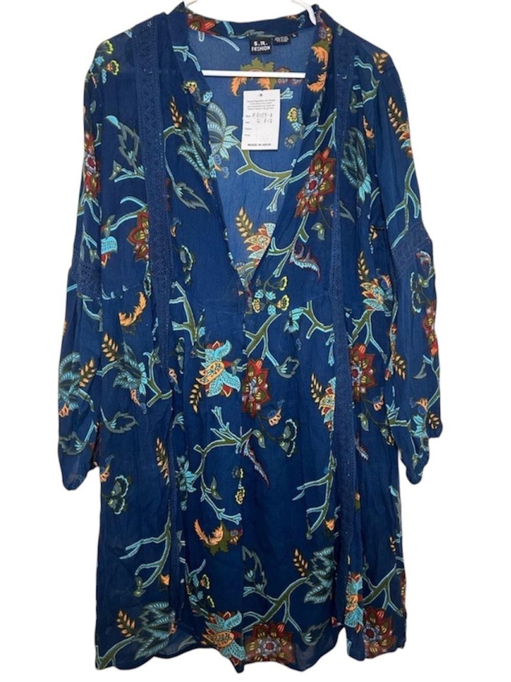 SR Fashion Blue Floral Country Long Sleeve Sheer Flowy Midi Mature Casual‎ Aztec